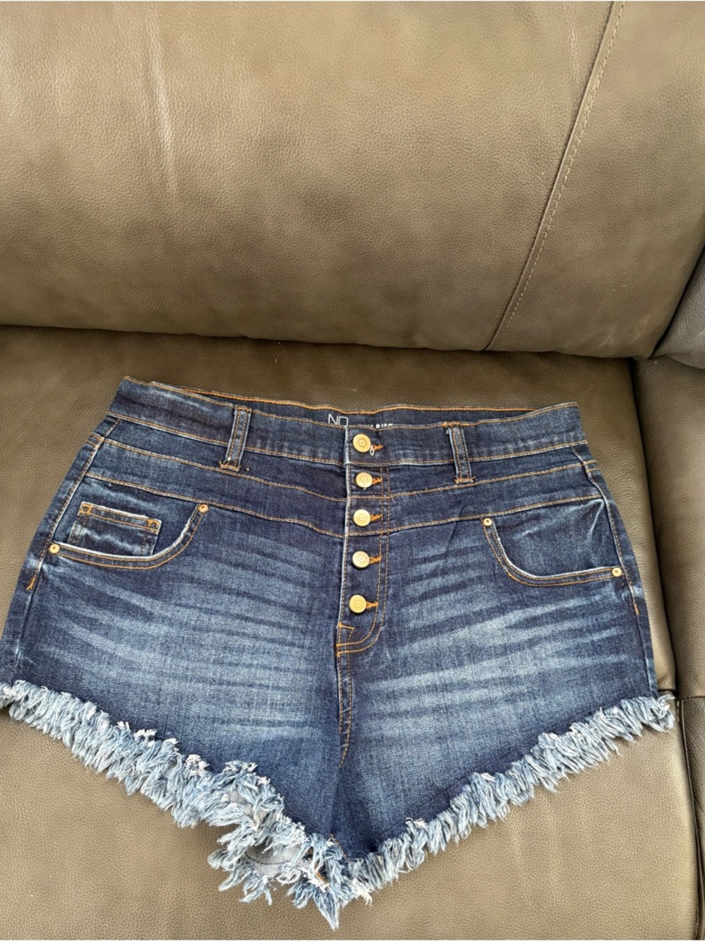NOBO Dark Blue High-Rise Frayed Hem Denim Shorts